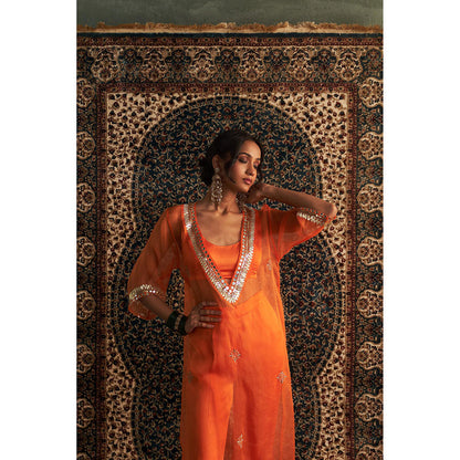 Charkhee Orange Saffron Embroidered V Neck Kurta with Bustier and Pant (Set of 3)