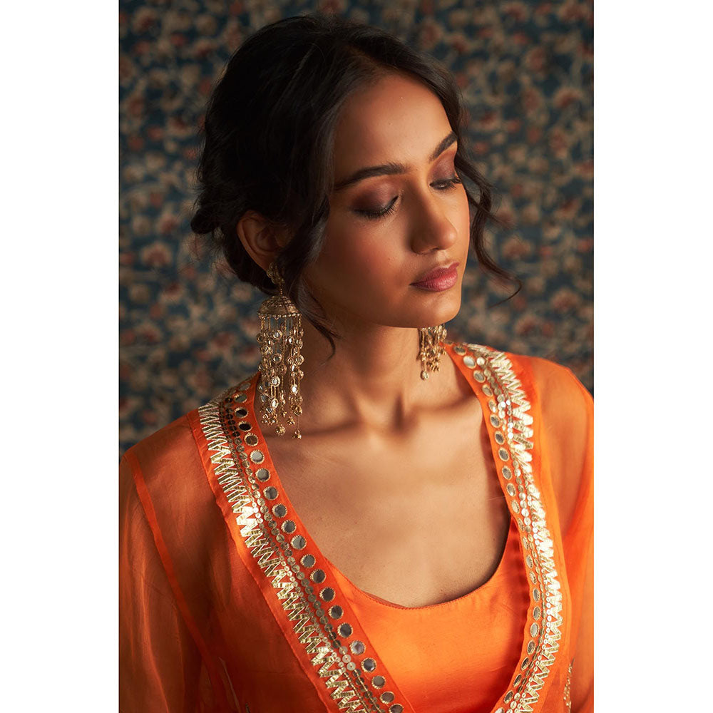 Charkhee Orange Saffron Embroidered V Neck Kurta with Bustier and Pant (Set of 3)