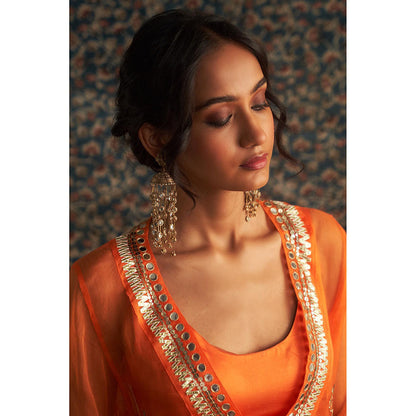 Charkhee Orange Saffron Embroidered V Neck Kurta with Bustier and Pant (Set of 3)