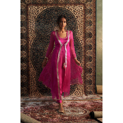 Charkhee Rani Pink Embroidered Kurta with Jacket and Pant (Set of 3)