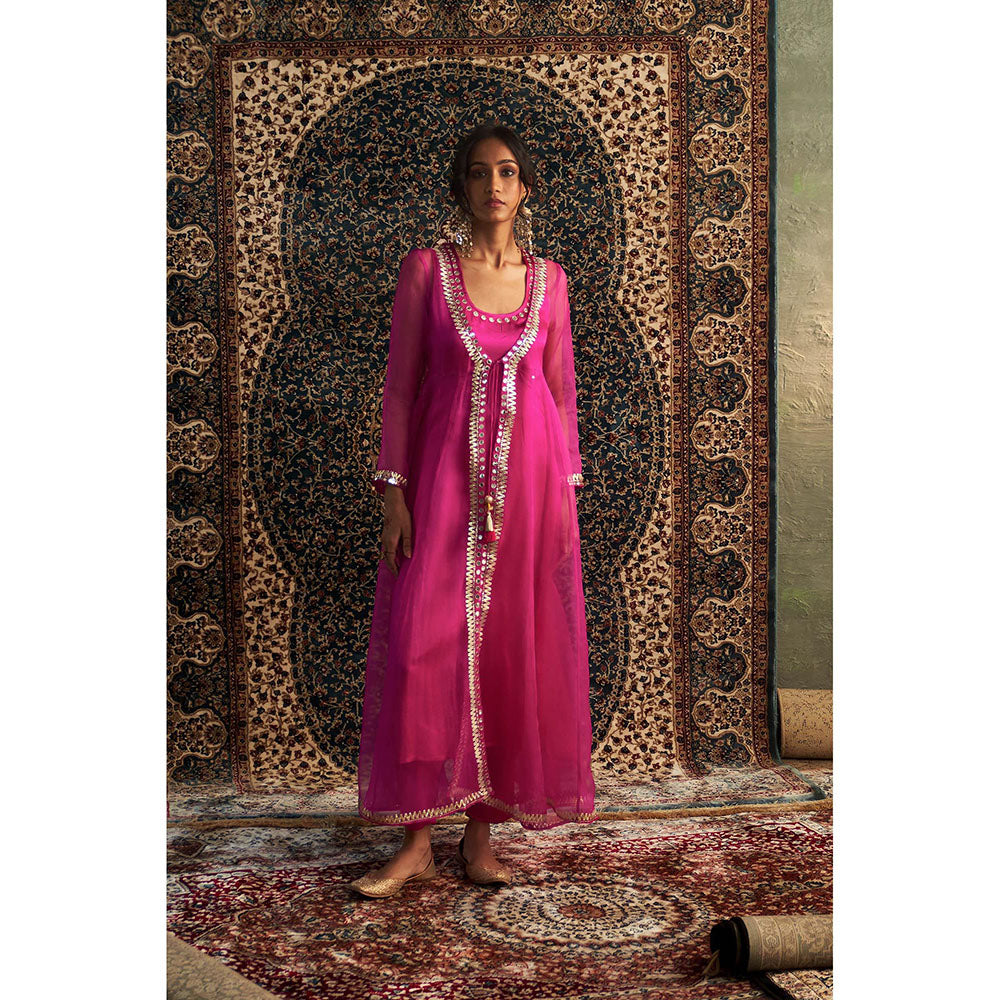 Charkhee Rani Pink Embroidered Kurta with Jacket and Pant (Set of 3)