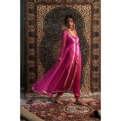 Charkhee Rani Pink Embroidered Kurta with Jacket and Pant (Set of 3)