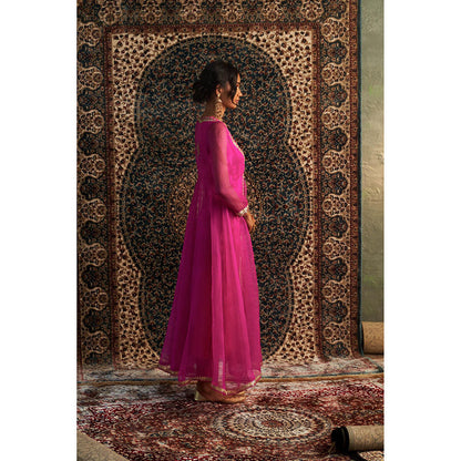 Charkhee Rani Pink Embroidered Kurta with Jacket and Pant (Set of 3)