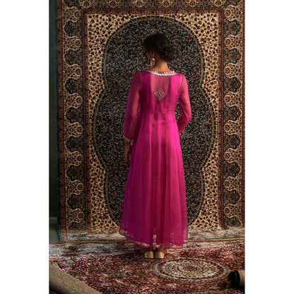 Charkhee Rani Pink Embroidered Kurta with Jacket and Pant (Set of 3)