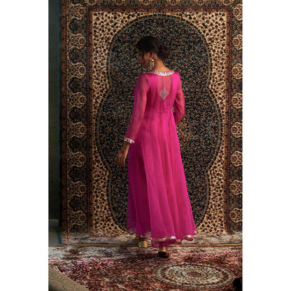 Charkhee Rani Pink Embroidered Kurta with Jacket and Pant (Set of 3)