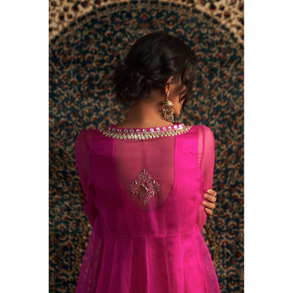 Charkhee Rani Pink Embroidered Kurta with Jacket and Pant (Set of 3)