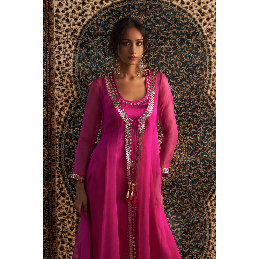 Charkhee Rani Pink Embroidered Kurta with Jacket and Pant (Set of 3)