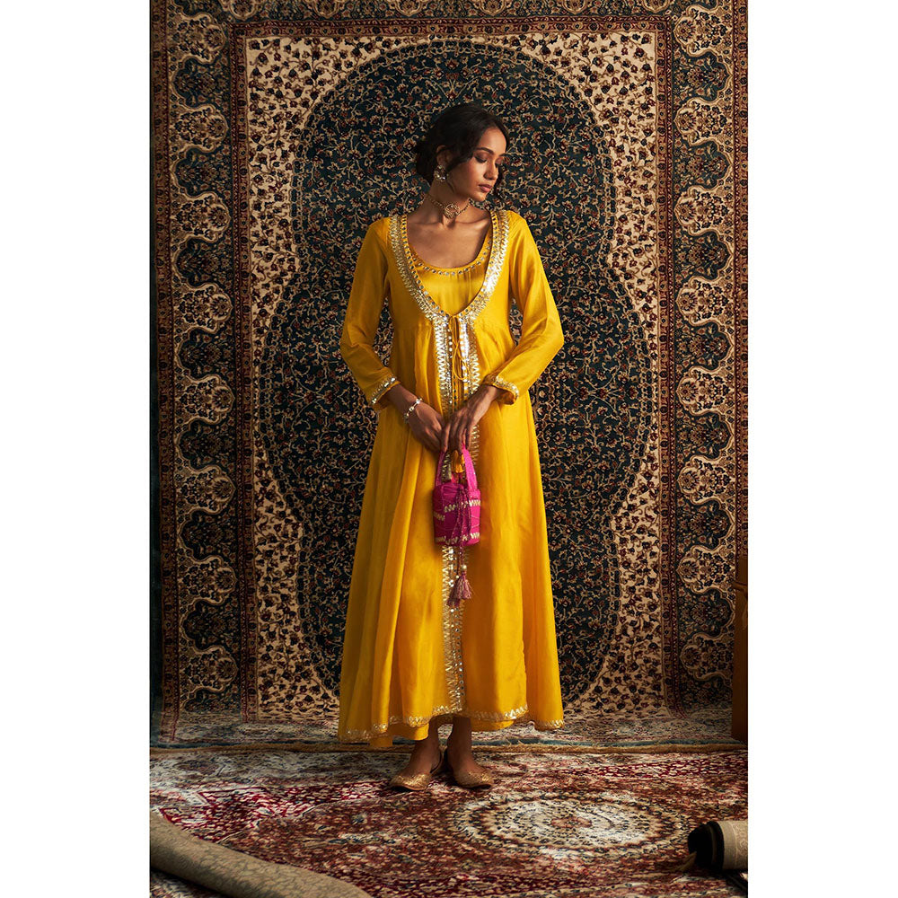 Charkhee Yellow Marigold Embroidered Kurta with Jacket and Pant (Set of 3)