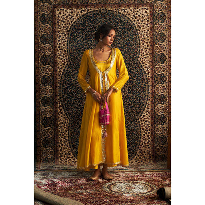 Charkhee Yellow Marigold Embroidered Kurta with Jacket and Pant (Set of 3)