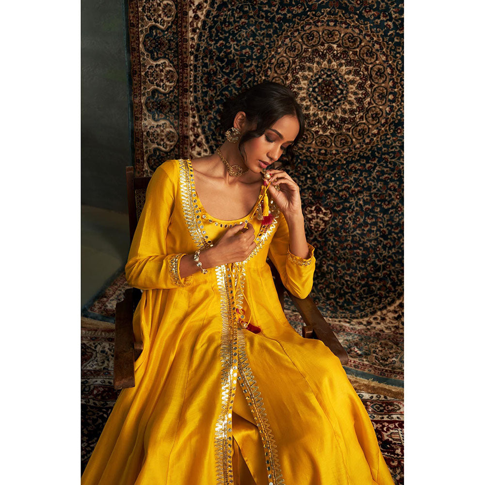 Charkhee Yellow Marigold Embroidered Kurta with Jacket and Pant (Set of 3)