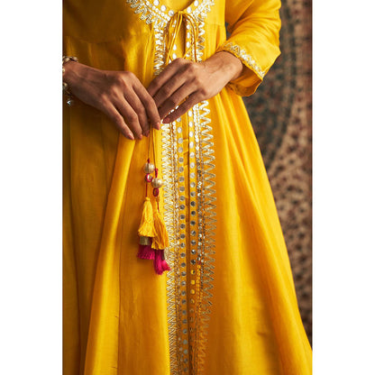 Charkhee Yellow Marigold Embroidered Kurta with Jacket and Pant (Set of 3)
