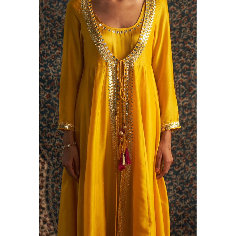 Charkhee Yellow Marigold Embroidered Kurta with Jacket and Pant (Set of 3)