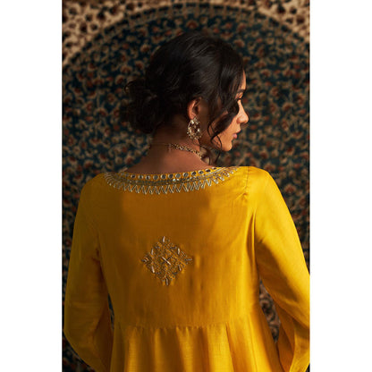 Charkhee Yellow Marigold Embroidered Kurta with Jacket and Pant (Set of 3)