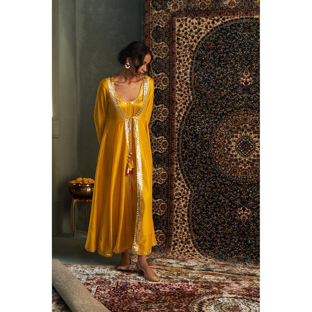 Charkhee Yellow Marigold Embroidered Kurta with Jacket and Pant (Set of 3)