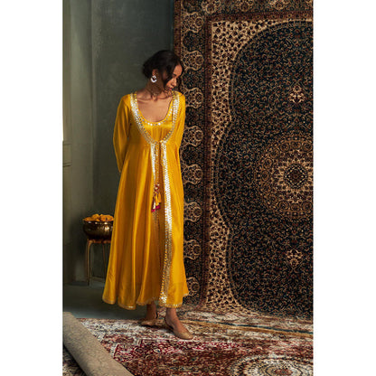 Charkhee Yellow Marigold Embroidered Kurta with Jacket and Pant (Set of 3)