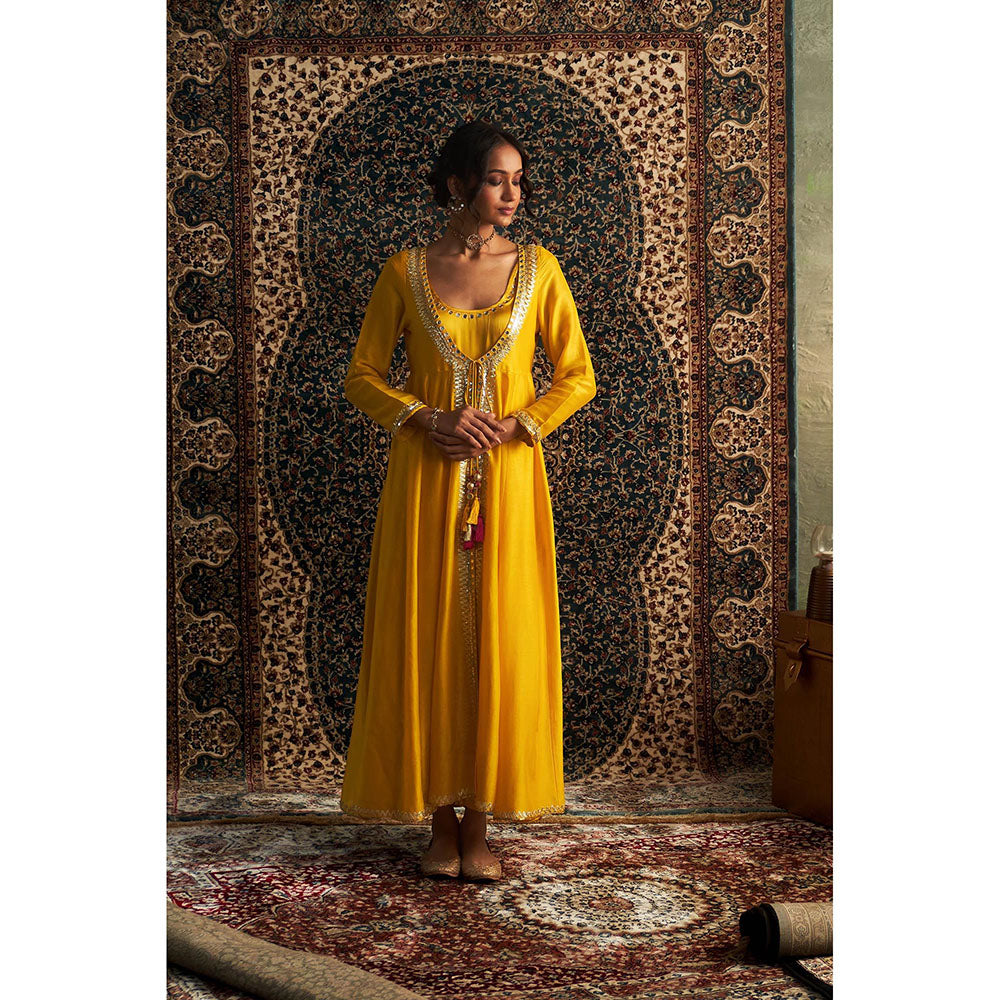 Charkhee Yellow Marigold Embroidered Kurta with Jacket and Pant (Set of 3)
