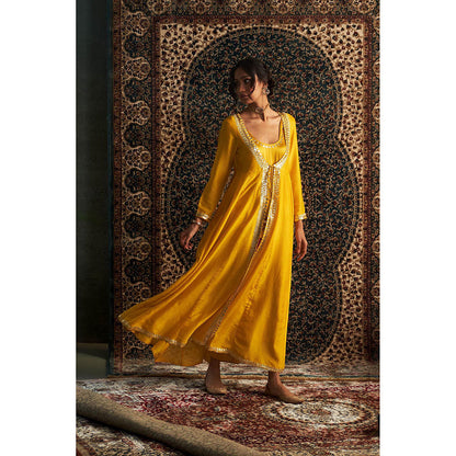 Charkhee Yellow Marigold Embroidered Kurta with Jacket and Pant (Set of 3)