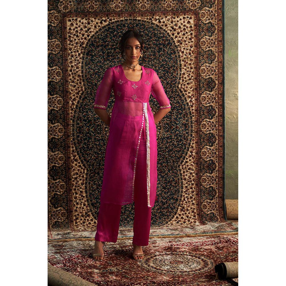 Charkhee Pink Prarambh Embroidered Straight Kurta with Pant (Set of 2)