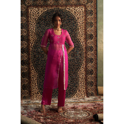 Charkhee Pink Prarambh Embroidered Straight Kurta with Pant (Set of 2)