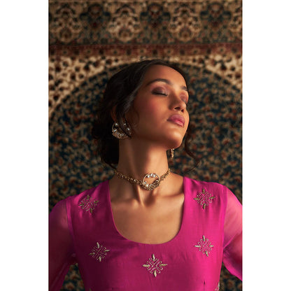 Charkhee Pink Prarambh Embroidered Straight Kurta with Pant (Set of 2)