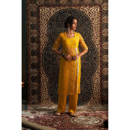 Charkhee Yellow Prarambh Embroidered Straight Kurta with Pant (Set of 2)