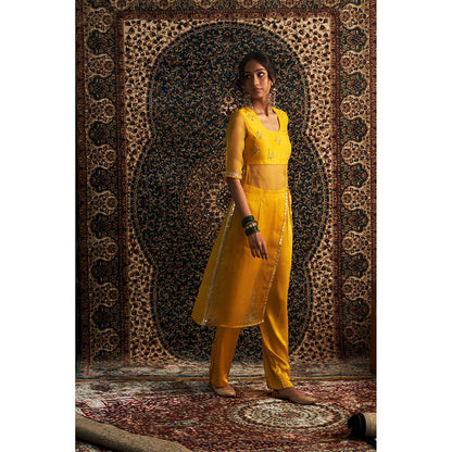 Charkhee Yellow Prarambh Embroidered Straight Kurta with Pant (Set of 2)