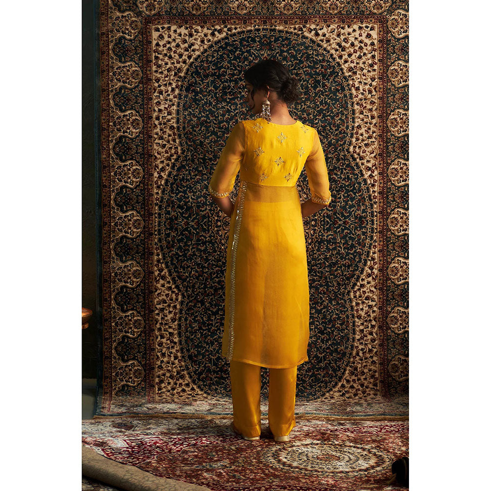 Charkhee Yellow Prarambh Embroidered Straight Kurta with Pant (Set of 2)
