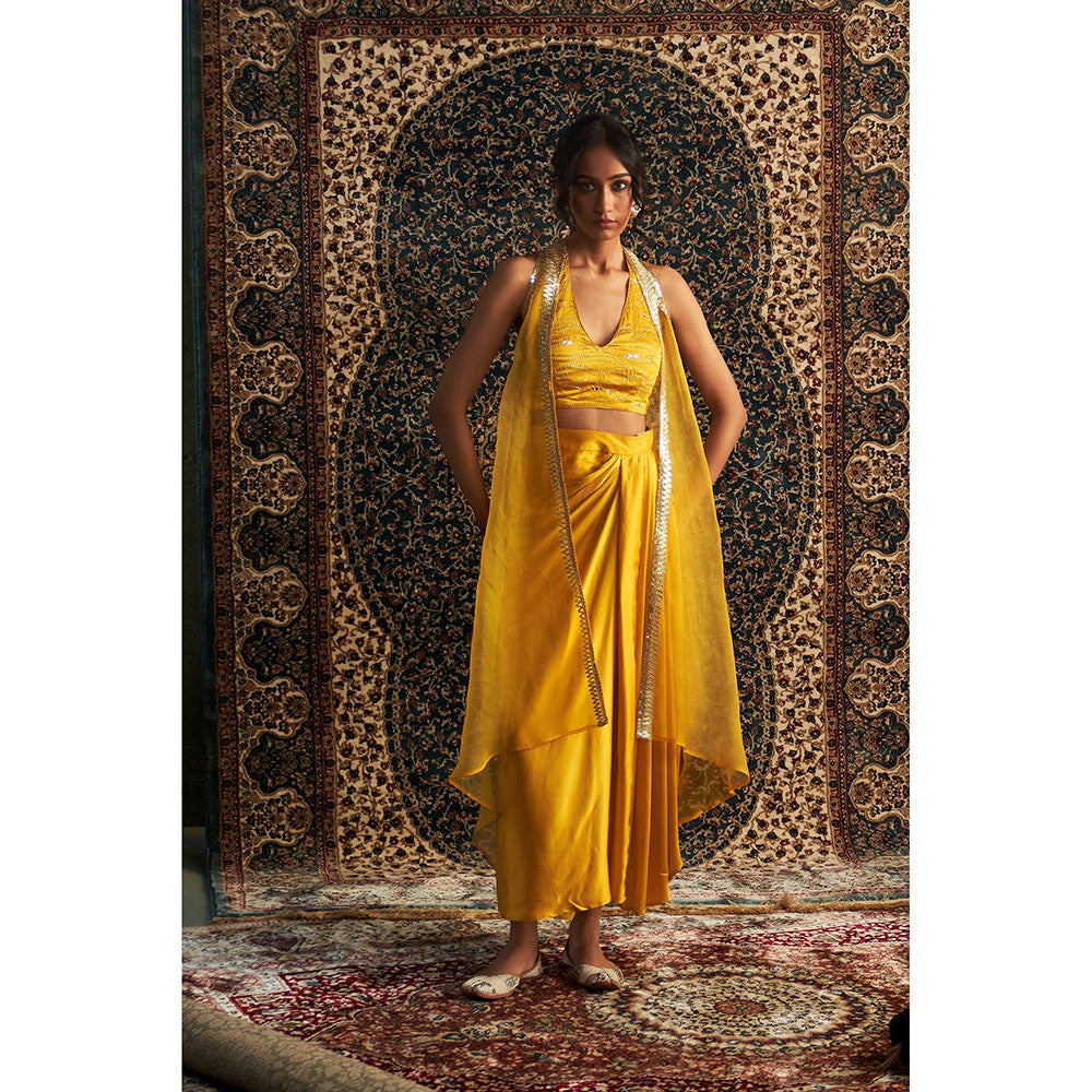 Charkhee Yellow Marigold Embroidered Cape with Bustier and Draped Skirt (Set of 3)