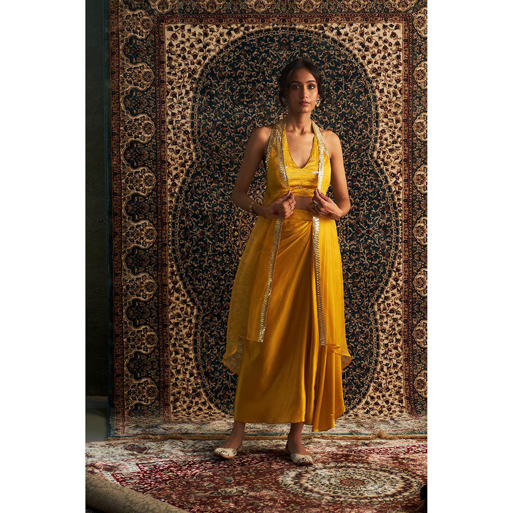 Charkhee Yellow Marigold Embroidered Cape with Bustier and Draped Skirt (Set of 3)