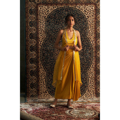 Charkhee Yellow Marigold Embroidered Cape with Bustier and Draped Skirt (Set of 3)