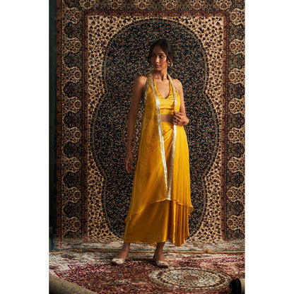 Charkhee Yellow Marigold Embroidered Cape with Bustier and Draped Skirt (Set of 3)