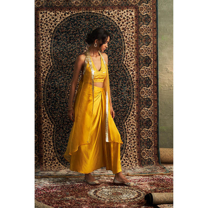 Charkhee Yellow Marigold Embroidered Cape with Bustier and Draped Skirt (Set of 3)