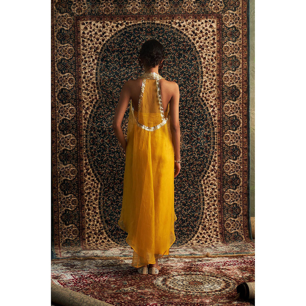 Charkhee Yellow Marigold Embroidered Cape with Bustier and Draped Skirt (Set of 3)
