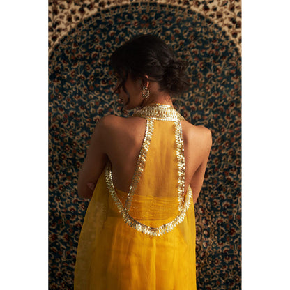 Charkhee Yellow Marigold Embroidered Cape with Bustier and Draped Skirt (Set of 3)