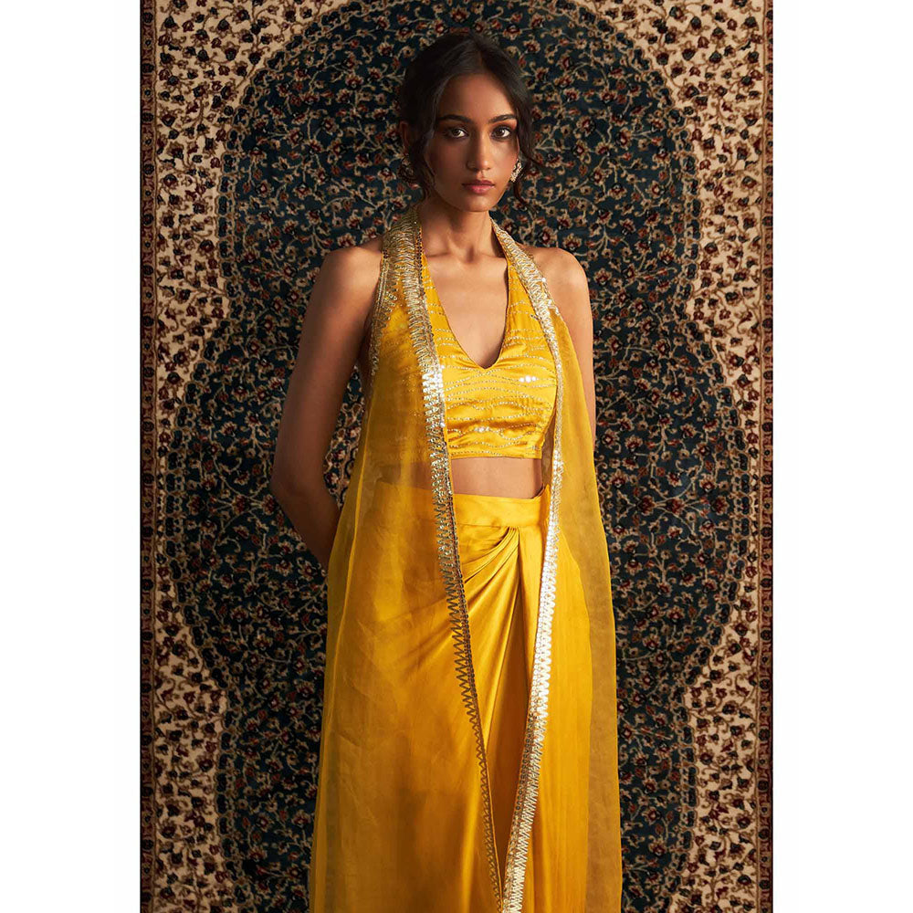 Charkhee Yellow Marigold Embroidered Cape with Bustier and Draped Skirt (Set of 3)
