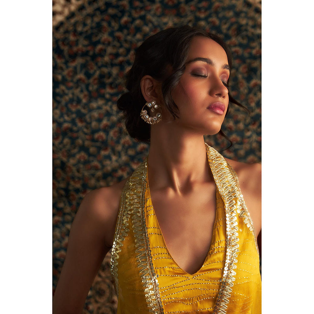 Charkhee Yellow Marigold Embroidered Cape with Bustier and Draped Skirt (Set of 3)