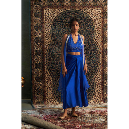 Charkhee Blue Prarambh Embroidered Cape with Bustier and Draped Skirt (Set of 3)