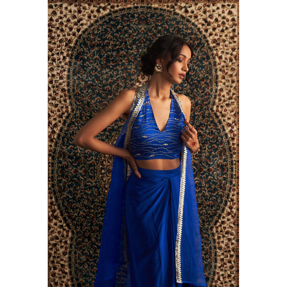 Charkhee Blue Prarambh Embroidered Cape with Bustier and Draped Skirt (Set of 3)