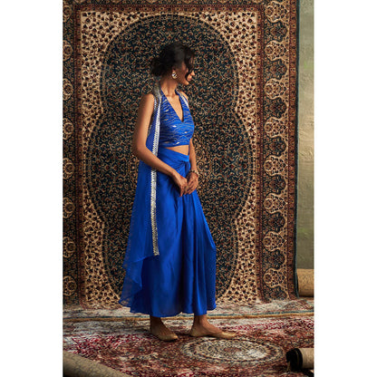 Charkhee Blue Prarambh Embroidered Cape with Bustier and Draped Skirt (Set of 3)