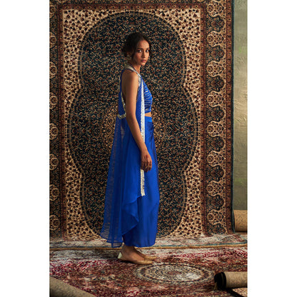 Charkhee Blue Prarambh Embroidered Cape with Bustier and Draped Skirt (Set of 3)