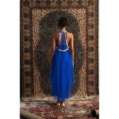 Charkhee Blue Prarambh Embroidered Cape with Bustier and Draped Skirt (Set of 3)