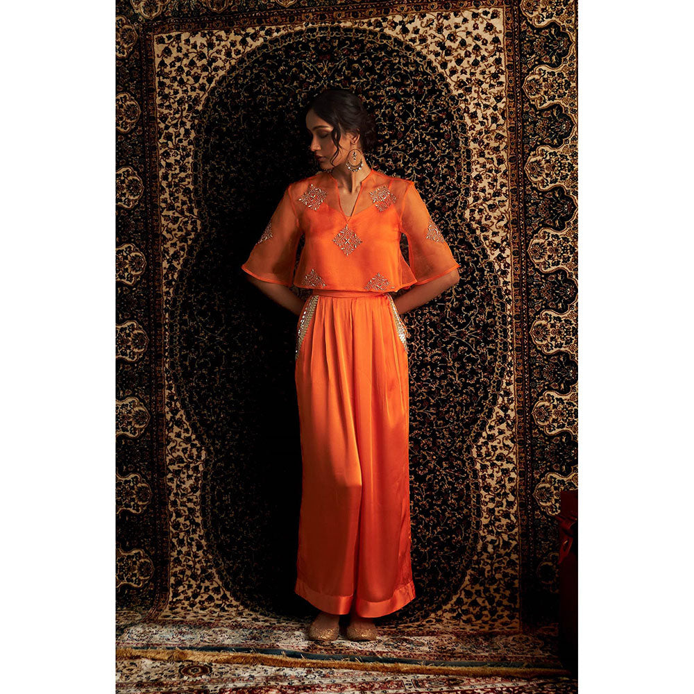 Charkhee Orange Saffron Embroidered Co-Ord (Set of 3)