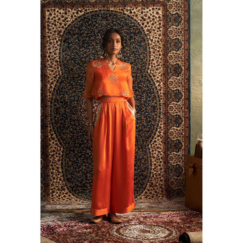 Charkhee Orange Saffron Embroidered Co-Ord (Set of 3)