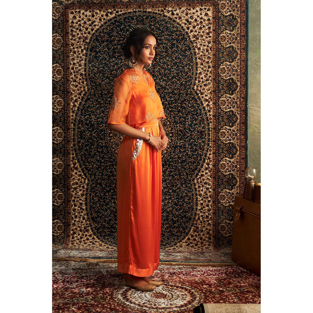 Charkhee Orange Saffron Embroidered Co-Ord (Set of 3)