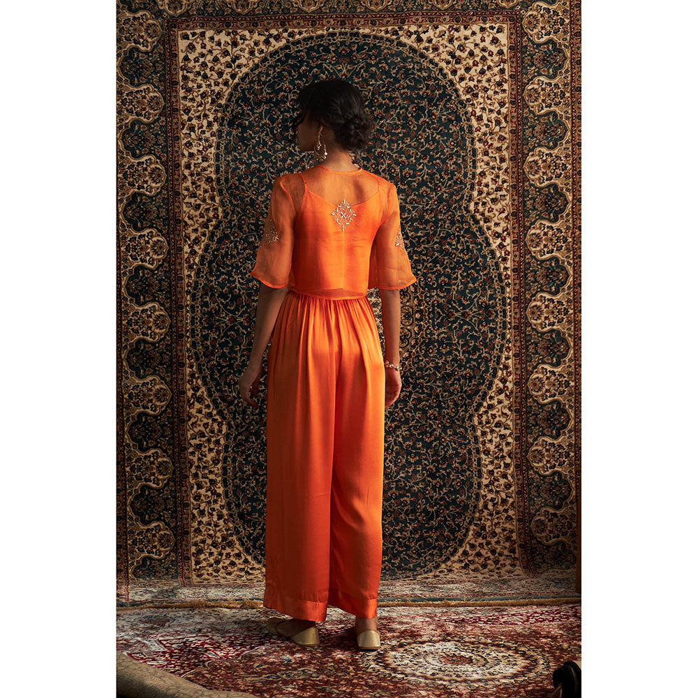 Charkhee Orange Saffron Embroidered Co-Ord (Set of 3)