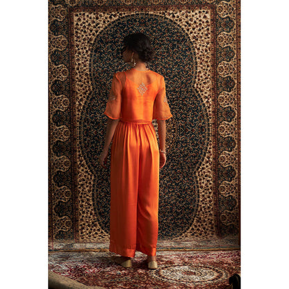 Charkhee Orange Saffron Embroidered Co-Ord (Set of 3)
