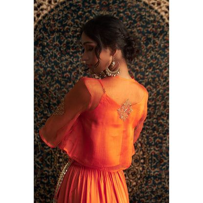 Charkhee Orange Saffron Embroidered Co-Ord (Set of 3)