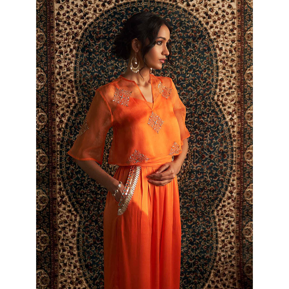 Charkhee Orange Saffron Embroidered Co-Ord (Set of 3)