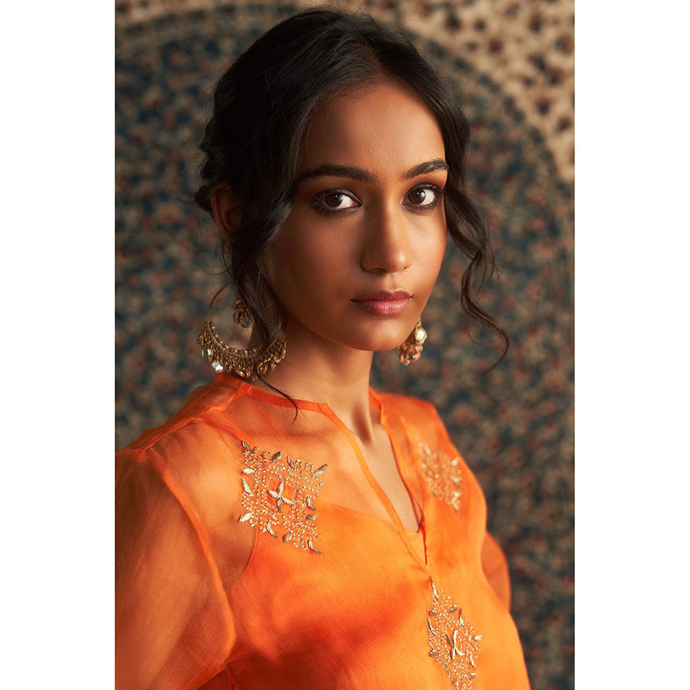 Charkhee Orange Saffron Embroidered Co-Ord (Set of 3)