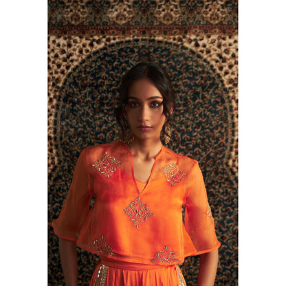 Charkhee Orange Saffron Embroidered Co-Ord (Set of 3)